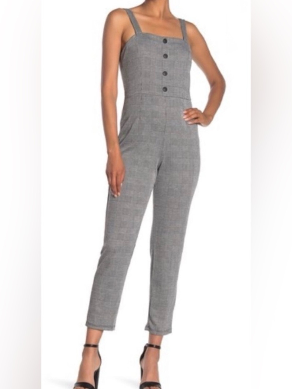 The Vanity Room Sleeveless Gray Plaid Button-Front Jumpsuit